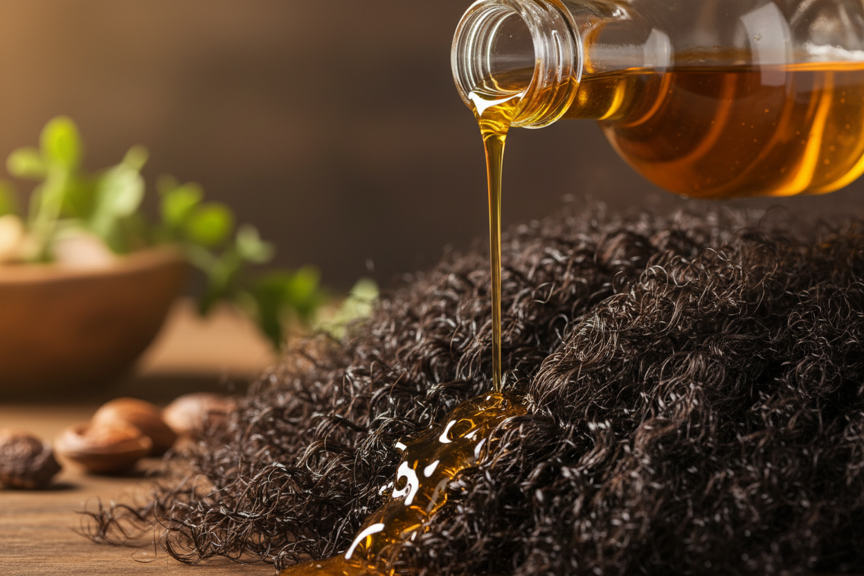 aceite de batana destapado y vertiendose sobre el cbello